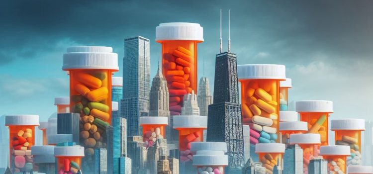 Bottles of prescription drugs that are as big as the towers they stand beside.