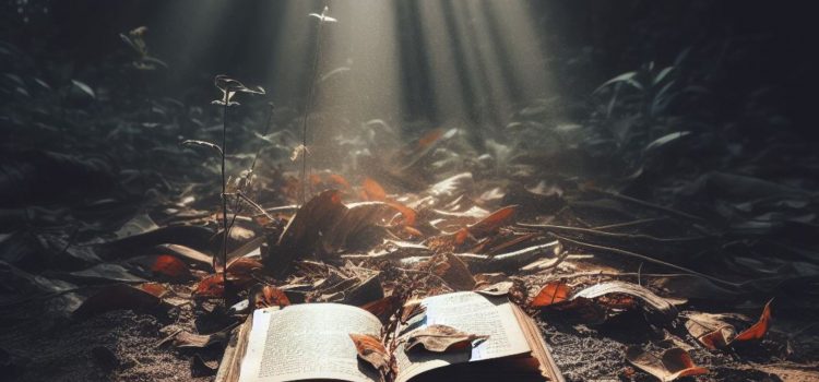 A light shining on an open book on the ground in the forest.