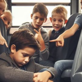 Children pointing at a sad boy who's getting teased on a school bus.