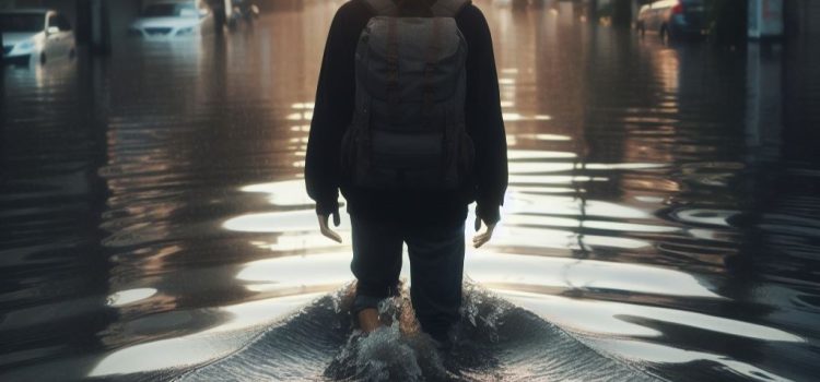 A young man walking through a flooded city street wearing a backpack