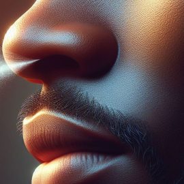 A close-up of a man breathing through the nose.