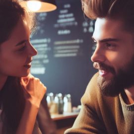A woman and man displaying the importance of communication in relationships by talking closely in a restaurant.
