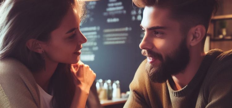 A woman and man displaying the importance of communication in relationships by talking closely in a restaurant.