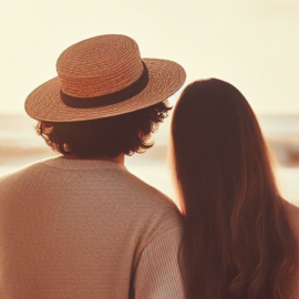 A man wearing a hat with a woman leaning on him, watching the sunset at the beach, displaying personal development in relationships.