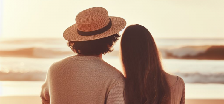 A man wearing a hat with a woman leaning on him, watching the sunset at the beach, displaying personal development in relationships.