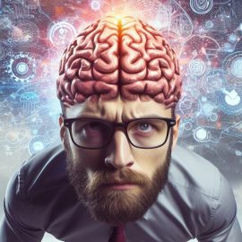 a determined man with an illustration of his brain inside his head that illustrates the science of willpower