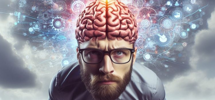 a determined man with an illustration of his brain inside his head that illustrates the science of willpower