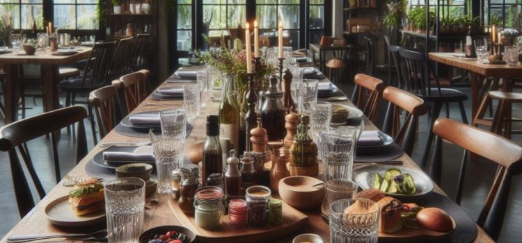 A long dining table with food and plates.