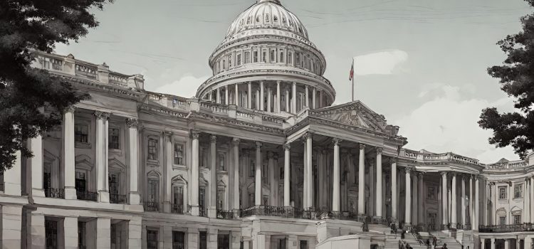 A black and white pencil drawing of the Capitol Building, where trials for impeachment in the United States take place.