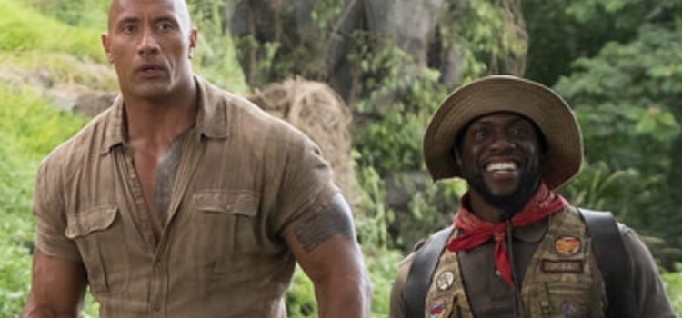 Dwayne Johnson and Kevin Hart as Dr. Smolder Bravestone and Franklin "Mouse" Finbar, respectively, in Jumanji.