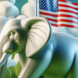 An elephant holding an American flag representing conservative thinkers