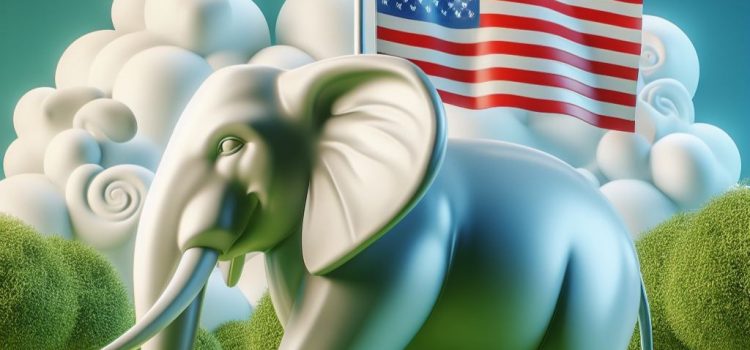 An elephant holding an American flag representing conservative thinkers