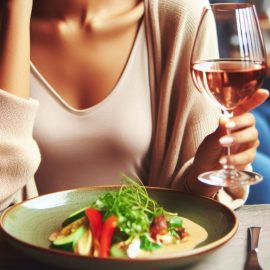 A food critic holding a glass of wine and sitting in front of a plate of food at a restaurant..