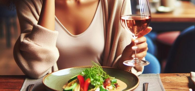 A food critic holding a glass of wine and sitting in front of a plate of food at a restaurant..