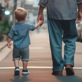 A little boy holding hands with his grandfather while walking down the street.