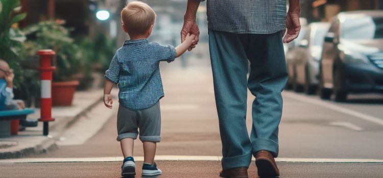 A little boy holding hands with his grandfather while walking down the street.