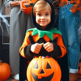 A child performing a Halloween ritual while holding a bucket dressed in a Halloween costume on the front porch.