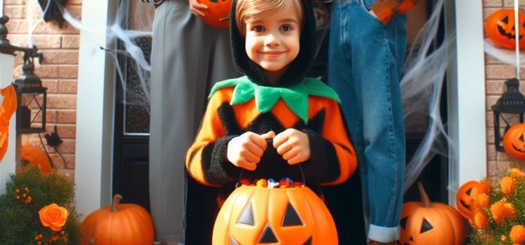 A child performing a Halloween ritual while holding a bucket dressed in a Halloween costume on the front porch.