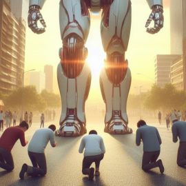 Humans bowing to a giant artificial general intelligence robot in a city