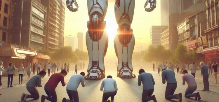 Humans bowing to a giant artificial general intelligence robot in a city