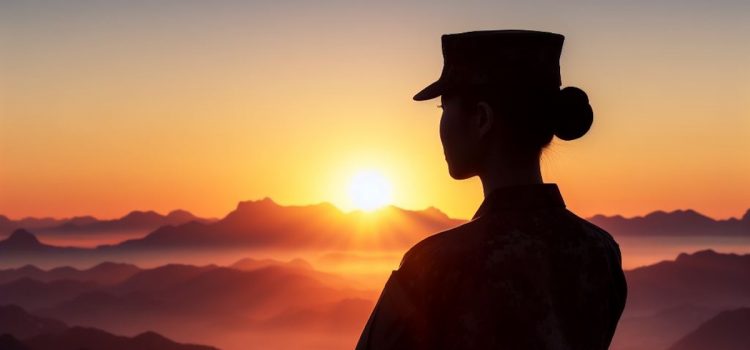 A silhouette of a female soldier watching a sunset.