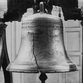 The Liberty Bell hanging in Independence Hall in Philadelphia, Pennsylvania