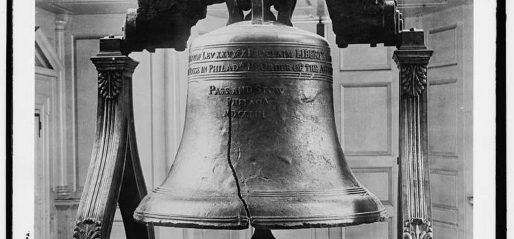 The Liberty Bell hanging in Independence Hall in Philadelphia, Pennsylvania