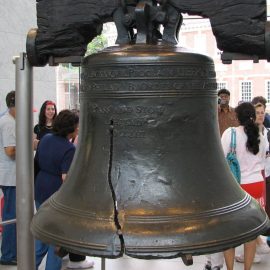 The Liberty Bell hanging in the modern Independence Hall in Philadelphia, Pennsylvania