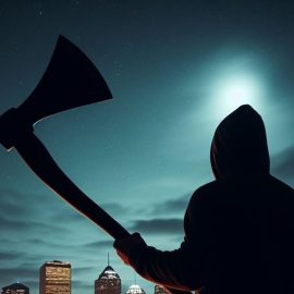 A man holding up a large axe at night, overlooking a cityscape