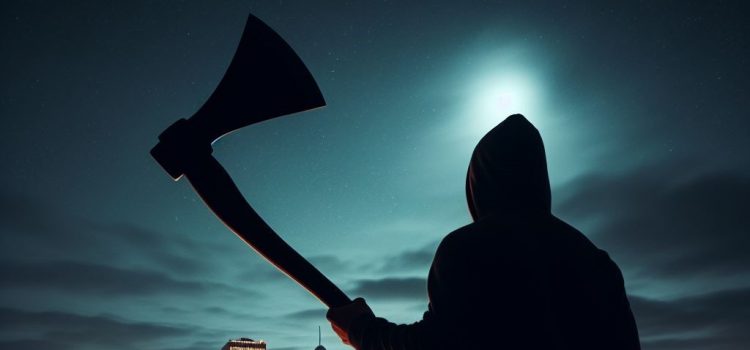 A man holding up a large axe at night, overlooking a cityscape