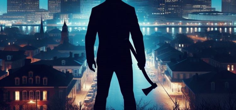The silhouette of a man holding an axe at night looking at the city of New Orleans
