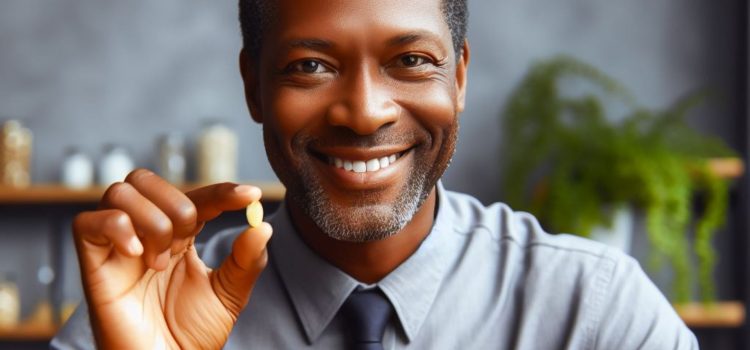 A smiling man holding a prescription pill.