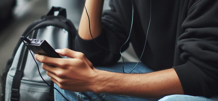 A man taking part in nostalgia culture by listening to music with a Walkman in his hand.