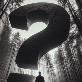A man making philosophical reflections while looking up at a giant question mark in the woods.