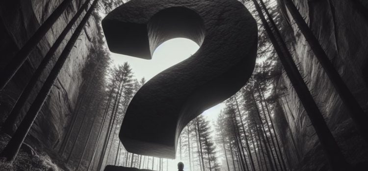 A man making philosophical reflections while looking up at a giant question mark in the woods.