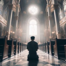 A man praying on the floor of a religious church