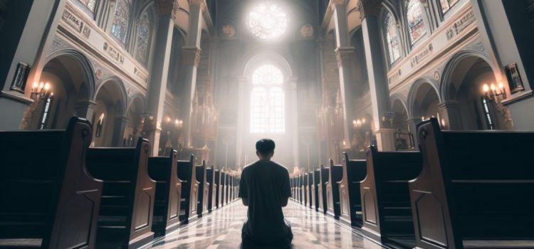 A man praying on the floor of a religious church