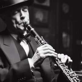 A black and white photo of a man playing the clarinet while seated