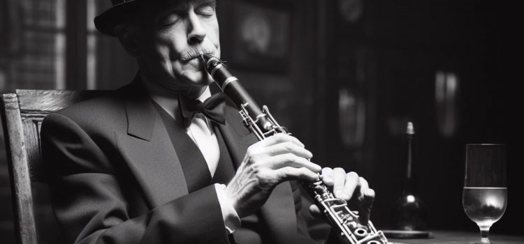 A black and white photo of a man playing the clarinet while seated