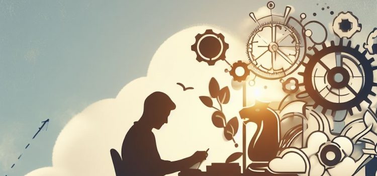 10,000 Hours to Become an Expert: Why Practice Matters A silhouette of a pesron writing at a desk with gears and clouds in the sky.