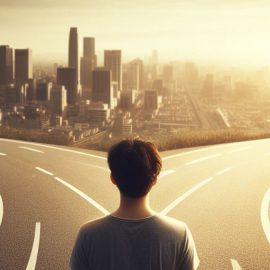 A man standing at two crossroads in front of a city, deciding what makes a good decision.