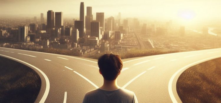 A man standing at two crossroads in front of a city, deciding what makes a good decision.
