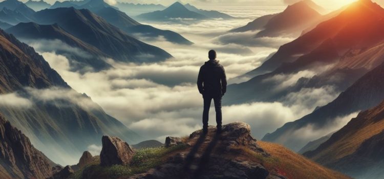 A man standing on a summit peak above the clouds of the mountains.