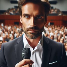 A man holding a microphone in front of a large audience, giving a satire and society comedy routine.