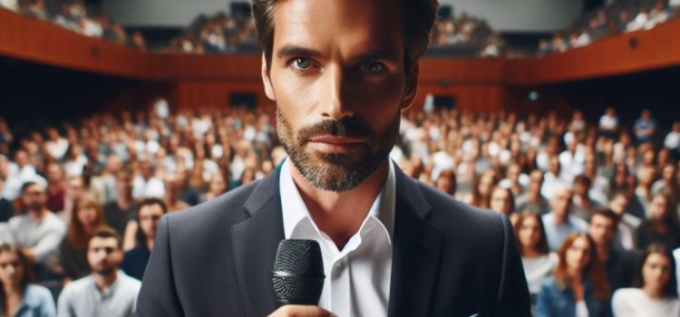 A man holding a microphone in front of a large audience, giving a satire and society comedy routine.