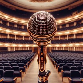 A microphone placed in front of a large auditorium with empty seats.