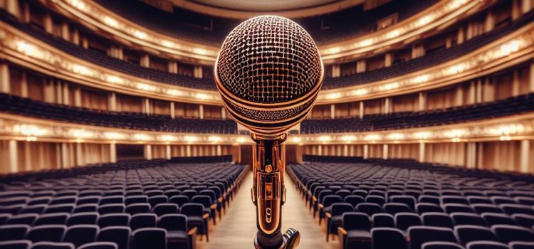 A microphone placed in front of a large auditorium with empty seats.