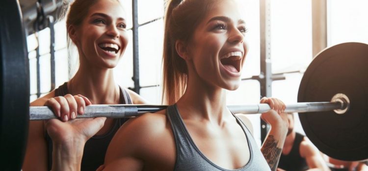 a smiling woman lifting weights and cheered on by a woman coaching and encouraging her, illustrating motivation for goals