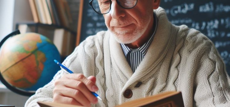 A senior man studying a different language in a notebook in a classroom