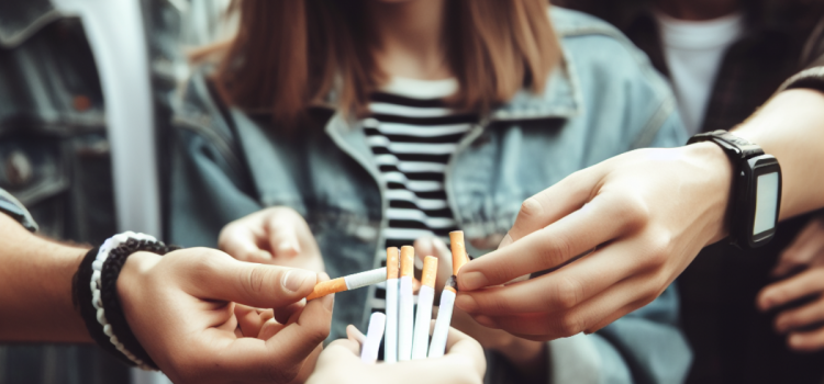 Teenagers participating in bad decision-making by taking cigarettes out of a person's hand.